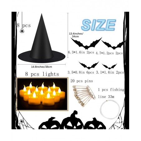 Halloween Witch Hat Lights Halloween Light up Decorations Floating Witch Hats with Tea Light and 3D Bats halloween Wall Decor...