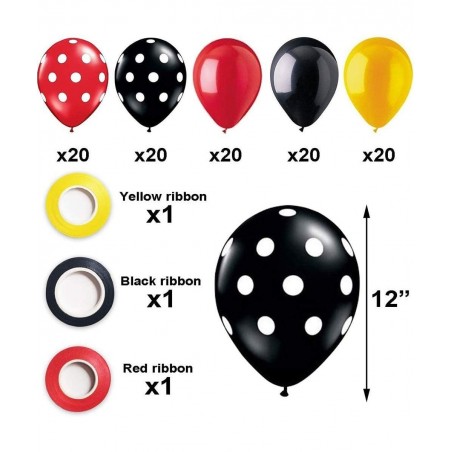 100 Pack Mouses Balloons 12 Inch Latex Balloons Red Black Yellow Polka Dot Balloons Color Balloons Kit for Baby Birthday Baby...