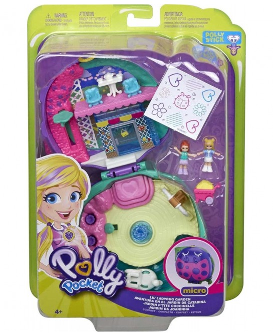 Pocket World Lil’ Ladybug Garden Compact with Fun Reveals Micro Polly and Lila Dolls Wheelbarrow with Flowers and Sticker She...