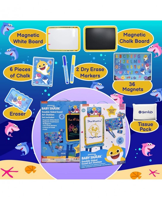 Baby Shark Standing Art Easel for Kids Toddler Drawing Dry Erase Magnetic Whiteboard Chalkboard Accessories and Tissue Pack (...