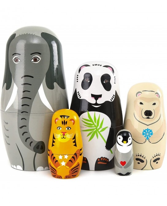 5pcs Beautiful Handmade Wooden Animal Nesting Dolls Elephant Panda Nesting Dolls Gift Russian Nesting Wishing Dolls Matryoshk...