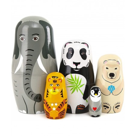 5pcs Beautiful Handmade Wooden Animal Nesting Dolls Elephant Panda Nesting Dolls Gift Russian Nesting Wishing Dolls Matryoshk...