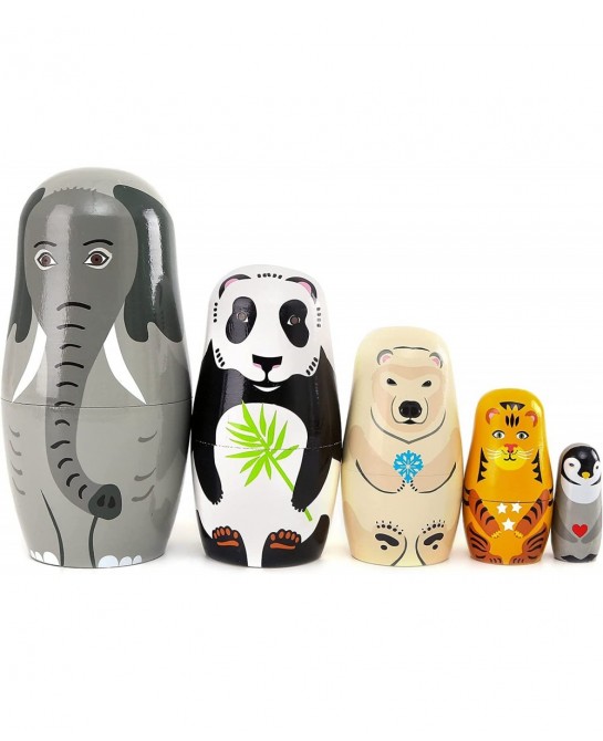 5pcs Beautiful Handmade Wooden Animal Nesting Dolls Elephant Panda Nesting Dolls Gift Russian Nesting Wishing Dolls Matryoshk...