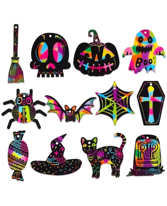 Halloween Scratch Paper for Kids 24pcs 12 Designs Rainbow Scratch Art Paper Ornaments for Children Girls Boys Birthday Game P...