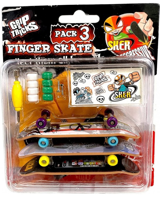Grip and Tricks - 3 Finger Skates with Pro Fingerboard Tools and Toy Skateboards Accessories - Finger Skate Pack 3 - Finger T...