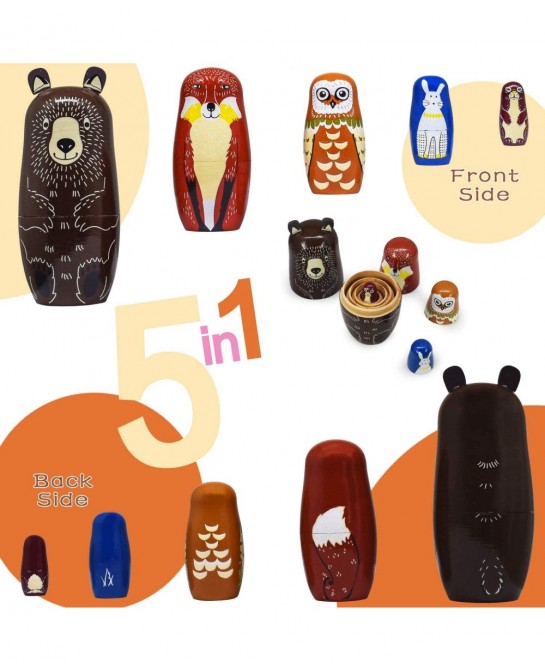Russian Nesting Dolls Animal Bear Matryoshka Dolls Cute Handmade Wooden Toys Set of 5 for Kids $30.28 Nesting Dolls