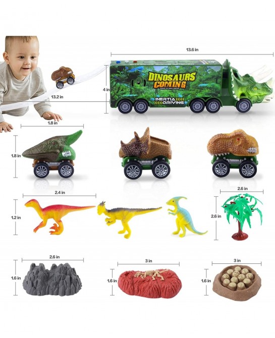 Dinosaur Truck Carrier for Boys and Girls Car Transporter Toy with Light Sound Kids Dinosaur Toys Set with Pull Back Car Laun...