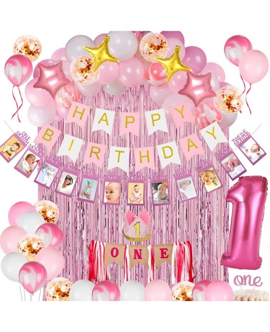Girl 1st Birthday Decorations 66PCS Pink 1st Birthday Decorations for Girls with 12 Months Photo Banner 1st Birthday Baby Cro...