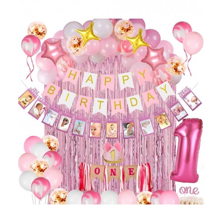 Girl 1st Birthday Decorations 66PCS Pink 1st Birthday Decorations for Girls with 12 Months Photo Banner 1st Birthday Baby Cro...