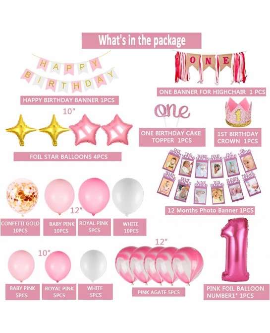 Girl 1st Birthday Decorations 66PCS Pink 1st Birthday Decorations for Girls with 12 Months Photo Banner 1st Birthday Baby Cro...