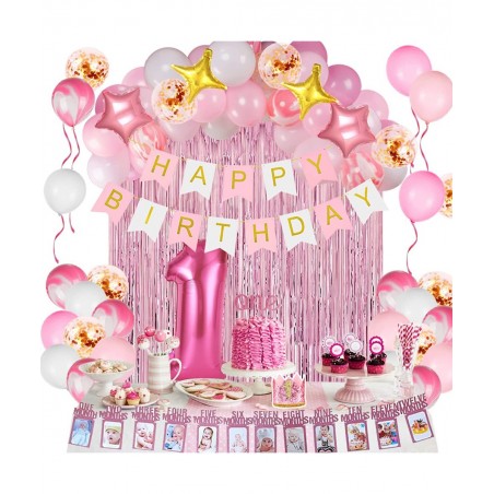 Girl 1st Birthday Decorations 66PCS Pink 1st Birthday Decorations for Girls with 12 Months Photo Banner 1st Birthday Baby Cro...