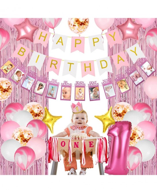 Girl 1st Birthday Decorations 66PCS Pink 1st Birthday Decorations for Girls with 12 Months Photo Banner 1st Birthday Baby Cro...