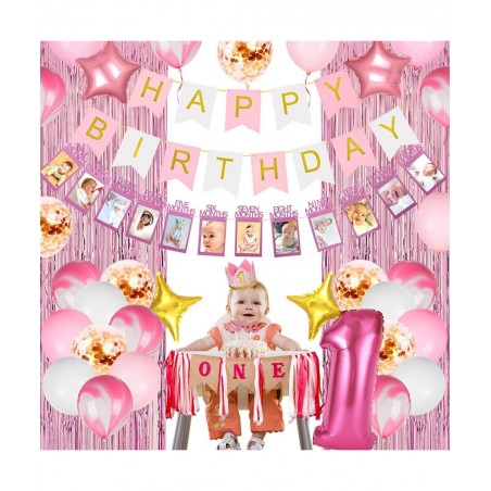 Girl 1st Birthday Decorations 66PCS Pink 1st Birthday Decorations for Girls with 12 Months Photo Banner 1st Birthday Baby Cro...