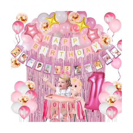 Girl 1st Birthday Decorations 66PCS Pink 1st Birthday Decorations for Girls with 12 Months Photo Banner 1st Birthday Baby Cro...