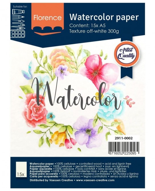 Vaessen Creative Florence Watercolour Paper A5 Ivory 300 GSM Artist Grade Quality Textured Surface 15 Sheets for Painting Han...