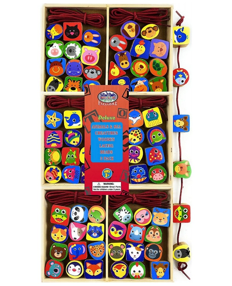 Deluxe Wooden Lacing Beads Animals Sea Animals & Vehicles Gift Set Bundle - 3 Pack (24 Pieces Each 72 Pieces Total) $34.80 Ea...