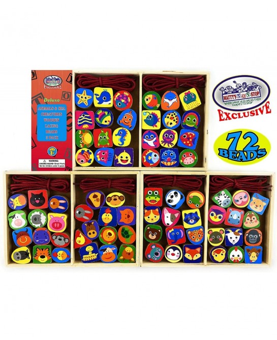 Deluxe Wooden Lacing Beads Animals Sea Animals & Vehicles Gift Set Bundle - 3 Pack (24 Pieces Each 72 Pieces Total) $34.80 Ea...