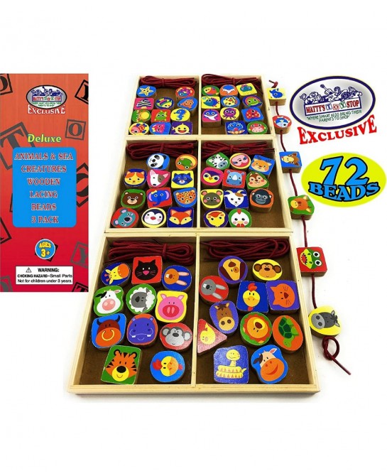 Deluxe Wooden Lacing Beads Animals Sea Animals & Vehicles Gift Set Bundle - 3 Pack (24 Pieces Each 72 Pieces Total) $34.80 Ea...
