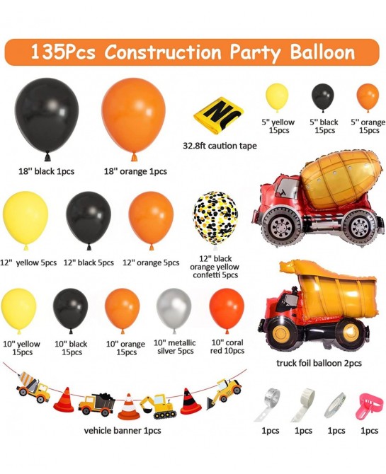 135Pcs Construction Party Balloon Garland Kit Construction Birthday Party Supplies with Orange Black Yellow Truck Foil Balloo...