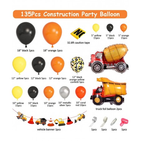 135Pcs Construction Party Balloon Garland Kit Construction Birthday Party Supplies with Orange Black Yellow Truck Foil Balloo...