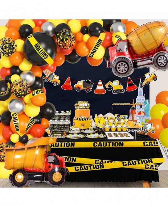 135Pcs Construction Party Balloon Garland Kit Construction Birthday Party Supplies with Orange Black Yellow Truck Foil Balloo...