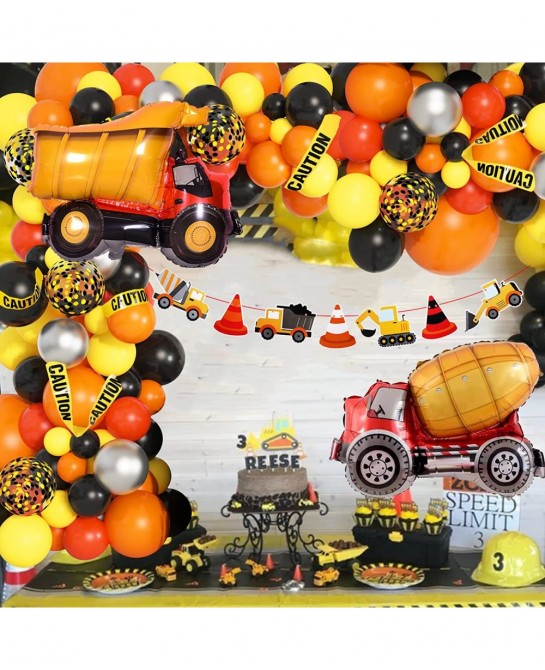 135Pcs Construction Party Balloon Garland Kit Construction Birthday Party Supplies with Orange Black Yellow Truck Foil Balloo...