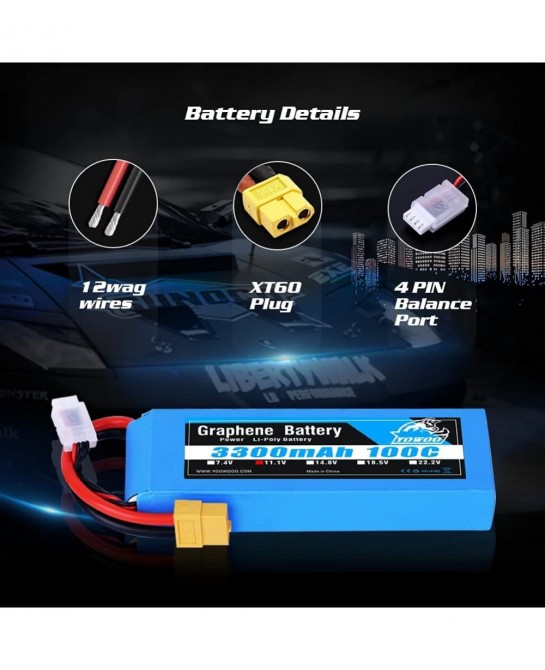 Yowoo Graphene Battery 11.1V 3300mAh 100C 3S Lipo Battery with XT60 Plug for Glider 3D Plane Park Flyers Vortex 400mm X-Sled ...
