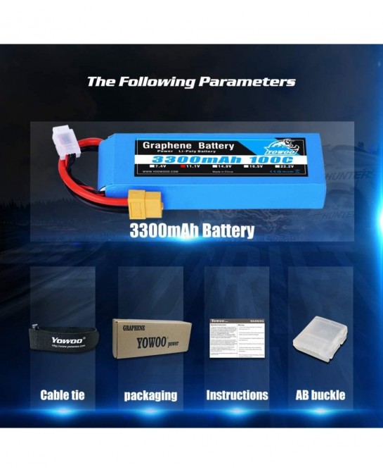 Yowoo Graphene Battery 11.1V 3300mAh 100C 3S Lipo Battery with XT60 Plug for Glider 3D Plane Park Flyers Vortex 400mm X-Sled ...