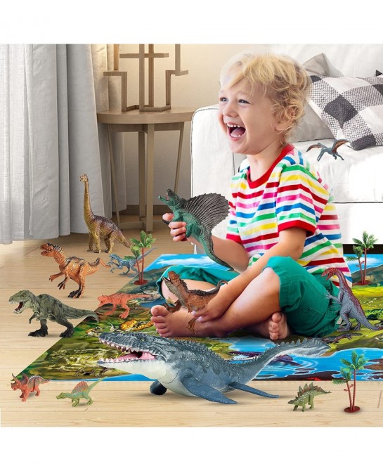 Dinosaur Toys w/ Large Play Mat Realistic Mosasaurus Figure Playset for Kids Toys 3-5 5-7 Including T-Rex Spinosaurus Carnota...