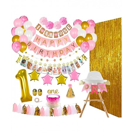 Baby Girl 1st Birthday Decorations Set – First Birthday Party Supplies - Happy Birthday 12 Month Photo I am One Banner - High...