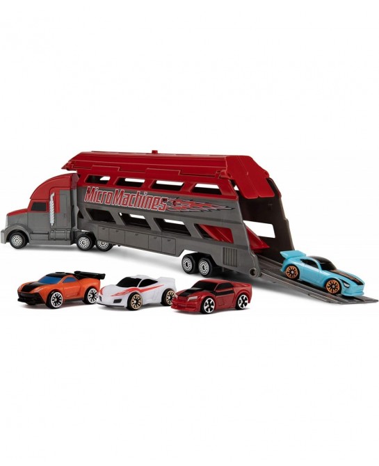 Mini Vehicle Hauler - Features 4 Exclusive Vehicles - Open The Top of The Trailer / Lower The Back Ramp to Load Up to 8 Vehic...