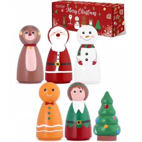 6pcs Christmas Peg Dolls Wooden Toys Playset Santa Reindeer Xmas Tree Elf Snowman Gingerbread Man Gift For Boy And Girl Home ...