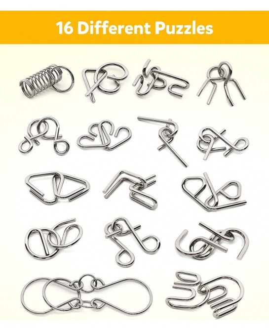 Metal Wire Puzzle Set of 16 with Pouch Brain Teaser IQ Test Disentanglemen Iron Link Unlock Interlock Game Chinese Ring Magic...