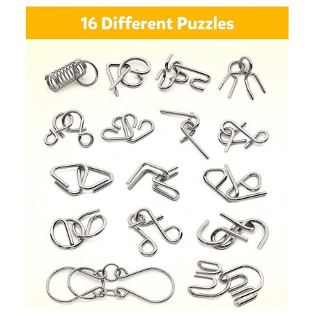 Metal Wire Puzzle Set of 16 with Pouch Brain Teaser IQ Test Disentanglemen Iron Link Unlock Interlock Game Chinese Ring Magic...