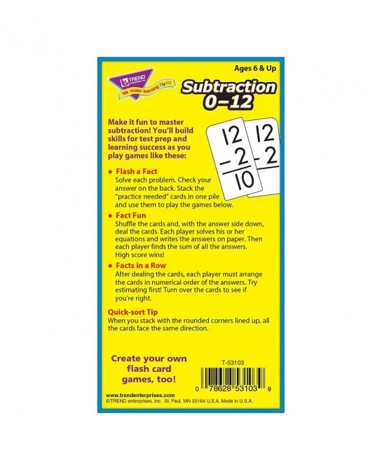 TREND ENTERPRISES: Subtraction 0-12 Skill Drill Flash Cards Great for Skill Building and Test Prep Self-Checking Design 91 Ca...