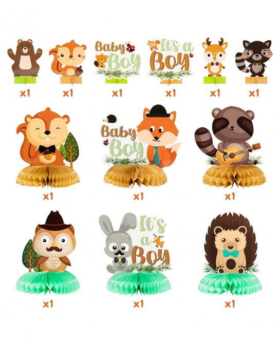 12Pcs Woodland Animals It’s a Boy Baby Shower Party Honeycomb Centerpieces Table Toppers for Baby Boy Woodland Creatures Fore...