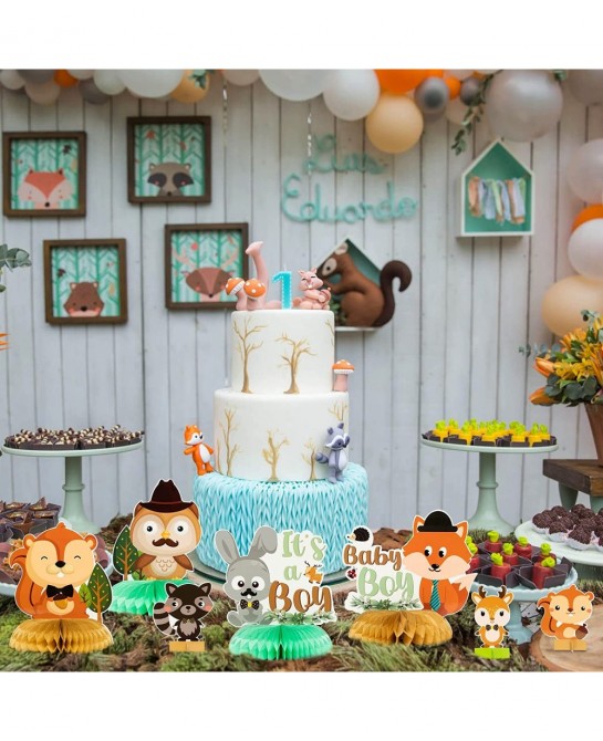 12Pcs Woodland Animals It’s a Boy Baby Shower Party Honeycomb Centerpieces Table Toppers for Baby Boy Woodland Creatures Fore...