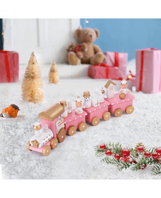 Christmas Wooden Train Decorative Train Model with Snowman Mini Pink Train Set Xmas Desktop Decoration for Home Office Party ...