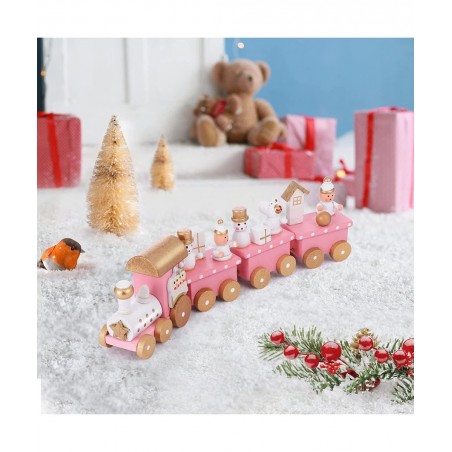 Christmas Wooden Train Decorative Train Model with Snowman Mini Pink Train Set Xmas Desktop Decoration for Home Office Party ...