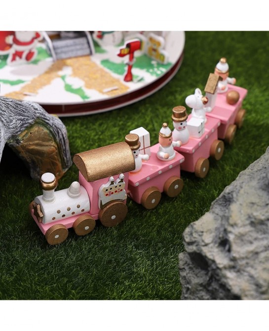Christmas Wooden Train Decorative Train Model with Snowman Mini Pink Train Set Xmas Desktop Decoration for Home Office Party ...