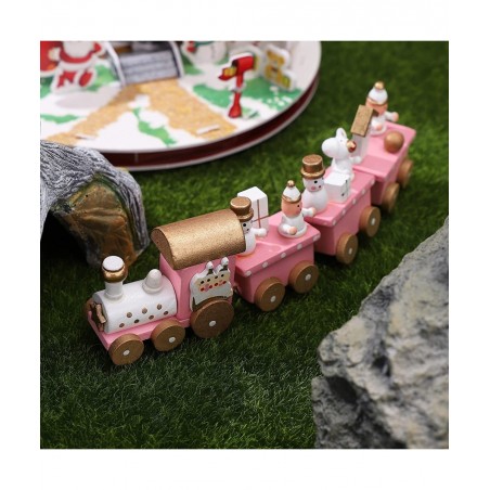 Christmas Wooden Train Decorative Train Model with Snowman Mini Pink Train Set Xmas Desktop Decoration for Home Office Party ...