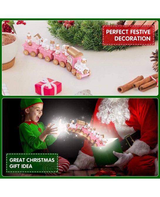 Christmas Wooden Train Decorative Train Model with Snowman Mini Pink Train Set Xmas Desktop Decoration for Home Office Party ...