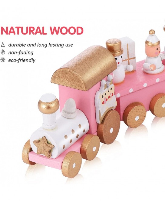 Christmas Wooden Train Decorative Train Model with Snowman Mini Pink Train Set Xmas Desktop Decoration for Home Office Party ...