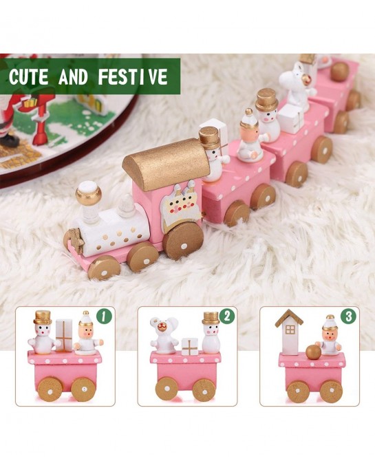 Christmas Wooden Train Decorative Train Model with Snowman Mini Pink Train Set Xmas Desktop Decoration for Home Office Party ...