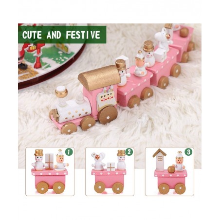 Christmas Wooden Train Decorative Train Model with Snowman Mini Pink Train Set Xmas Desktop Decoration for Home Office Party ...