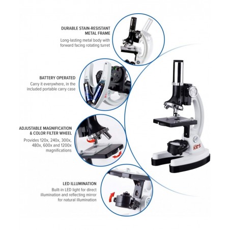 120X-1200X 52-pcs Kids Beginner Microscope STEM Kit with Metal Body Microscope Plastic Slides LED Light and Carrying Box (M30...