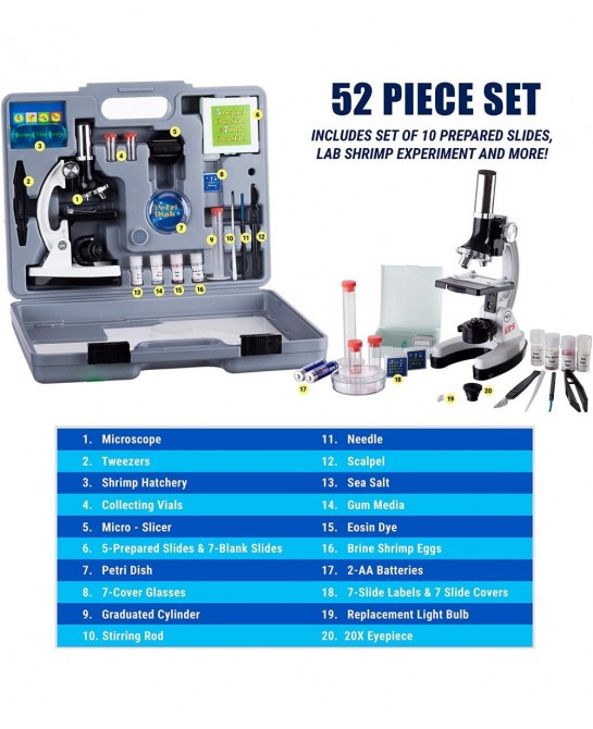 120X-1200X 52-pcs Kids Beginner Microscope STEM Kit with Metal Body Microscope Plastic Slides LED Light and Carrying Box (M30...