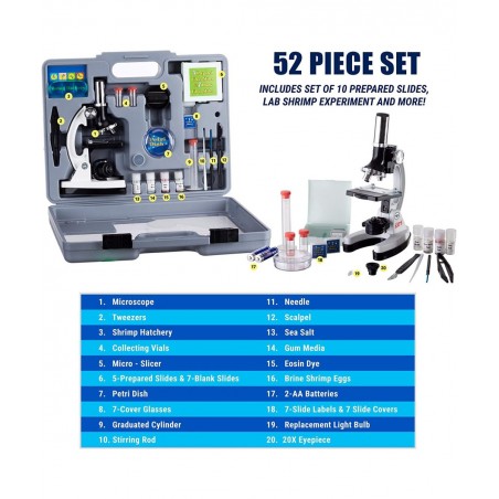 120X-1200X 52-pcs Kids Beginner Microscope STEM Kit with Metal Body Microscope Plastic Slides LED Light and Carrying Box (M30...
