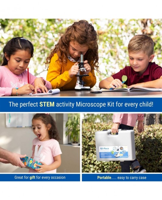 120X-1200X 52-pcs Kids Beginner Microscope STEM Kit with Metal Body Microscope Plastic Slides LED Light and Carrying Box (M30...