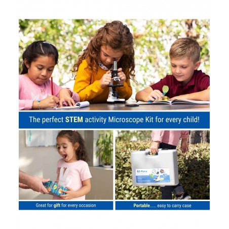 120X-1200X 52-pcs Kids Beginner Microscope STEM Kit with Metal Body Microscope Plastic Slides LED Light and Carrying Box (M30...